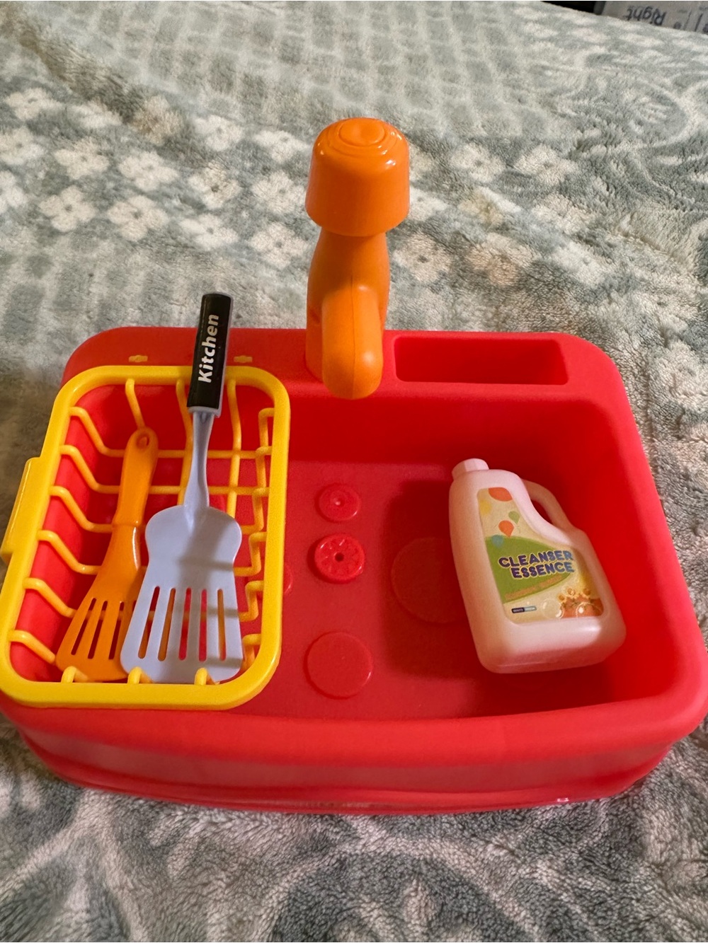 Kids Red Play Sink Set with Orange Faucet and Accessories